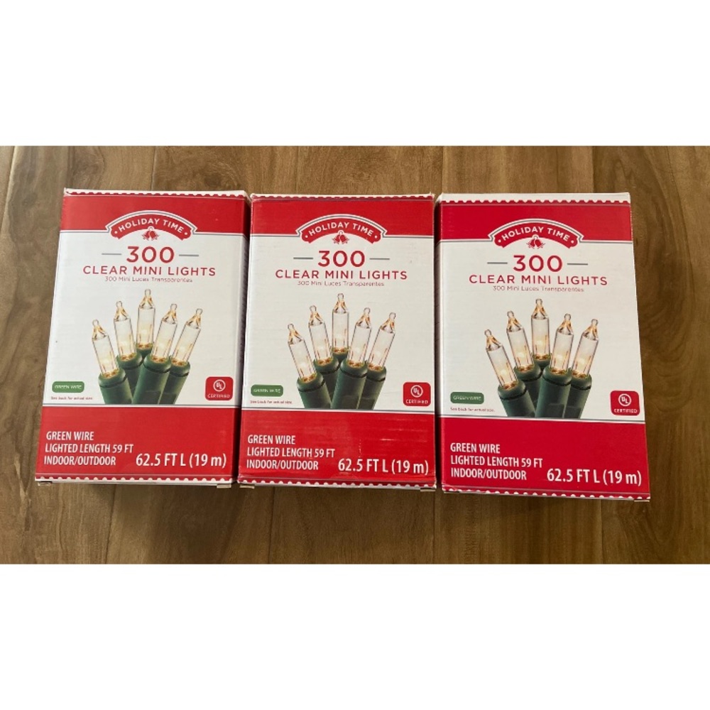 Lot of 3 Holiday Time Indoor/ Outdoor 300 Clear Mini Lights, 59' Green Wire